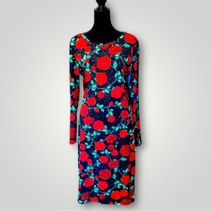 LuLaRoe Rose Patterned Stretch Soft BodyCon Scoop Neck Long Sleeve Midi Dress